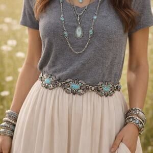 Southwestern Boho Concho Belt – SZ L--Silver Tone with Faux Turquoise Flowers